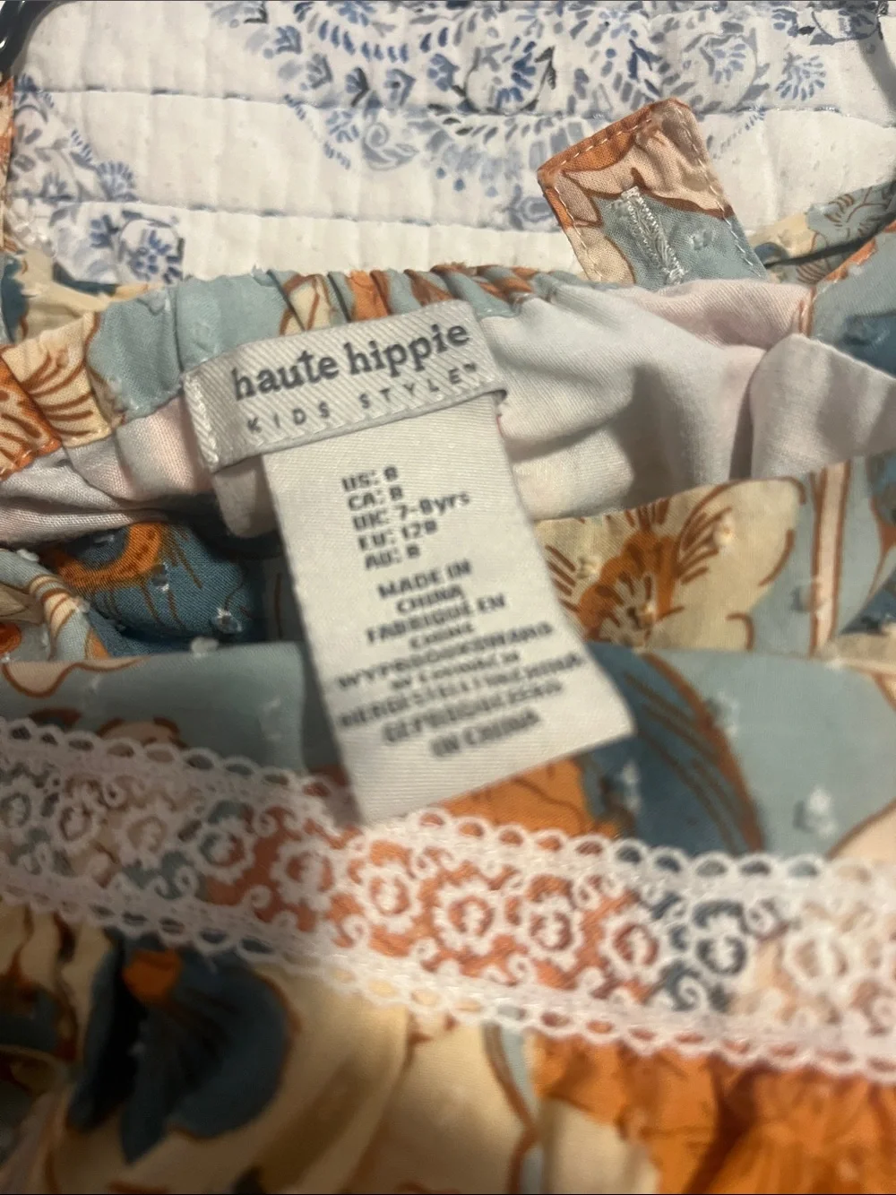 Earth tone Cotton Haute Hippie Floral girls dress in Blue and Tan